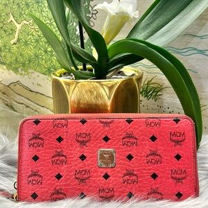 MCM Signature Reddish Pink Leather Zip Around Credit Card Long Wallet
